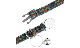 Close-up of multi-colour breakaway cat collar with metallic buckle, silver ring for cat tags, and silver bell.