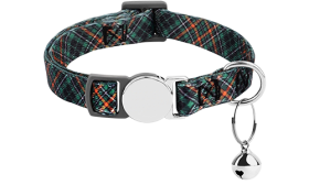 Multi-colour breakaway cat collar with adjustable metallic buckle, silver D-ring for cat tags, and silver bell.