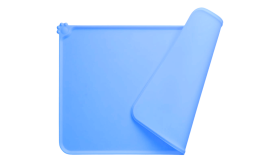 Blue waterproof silicone cat feeding mat, foldable with spill-proof rim, heat-resistant for everyday cat feeding routines.
